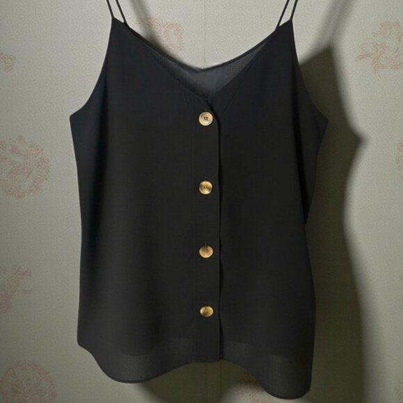 Black Button-Down Cami Top S – Adjustable Straps, Lightweight - Picture 2 of 10